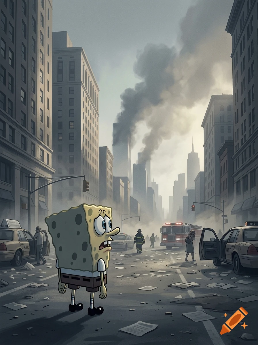 Spongebob looking distressed in a smoky New York City street during 9/11, digital illustration style.