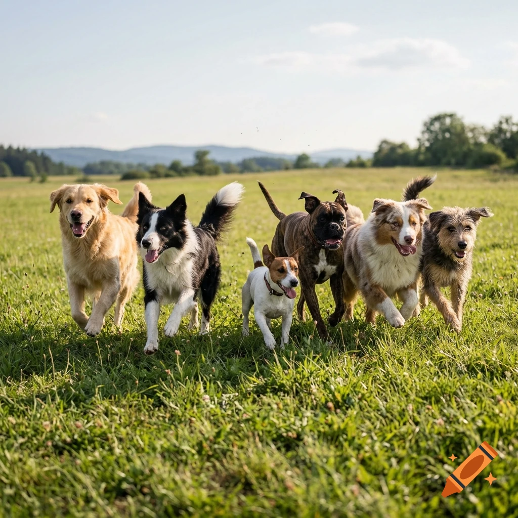 Several happy dogs running together across a grassy meadow under a bright sky, photorealistic style.