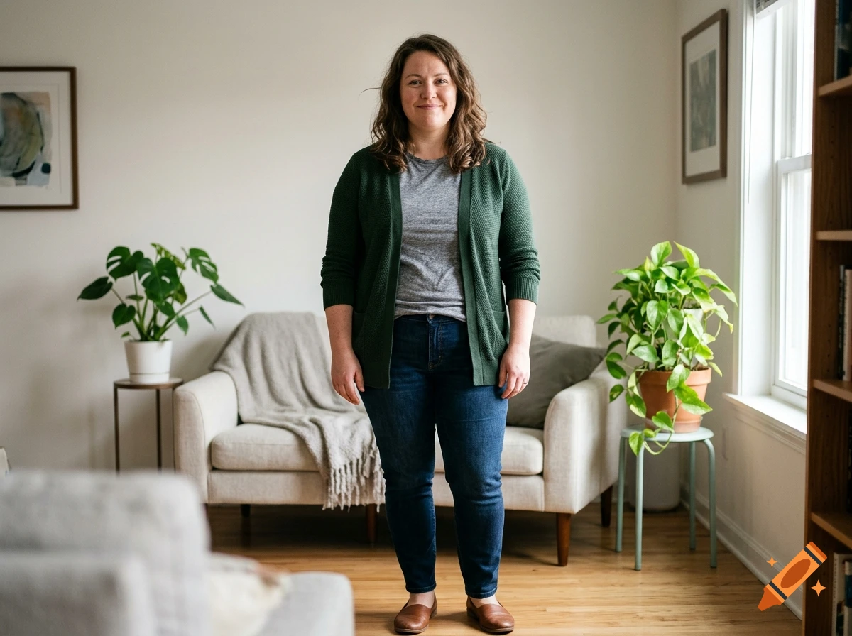 Photorealistic full-body portrait of a smiling woman in a casual cardigan and jeans standing in a living room.