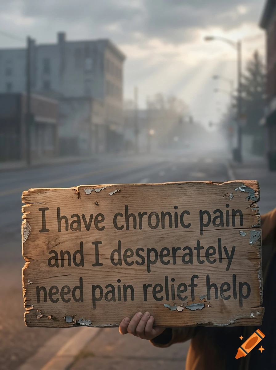 A person holding a wooden sign with the text 'I have chronic pain and I desperately need pain relief help' in a foggy city street.