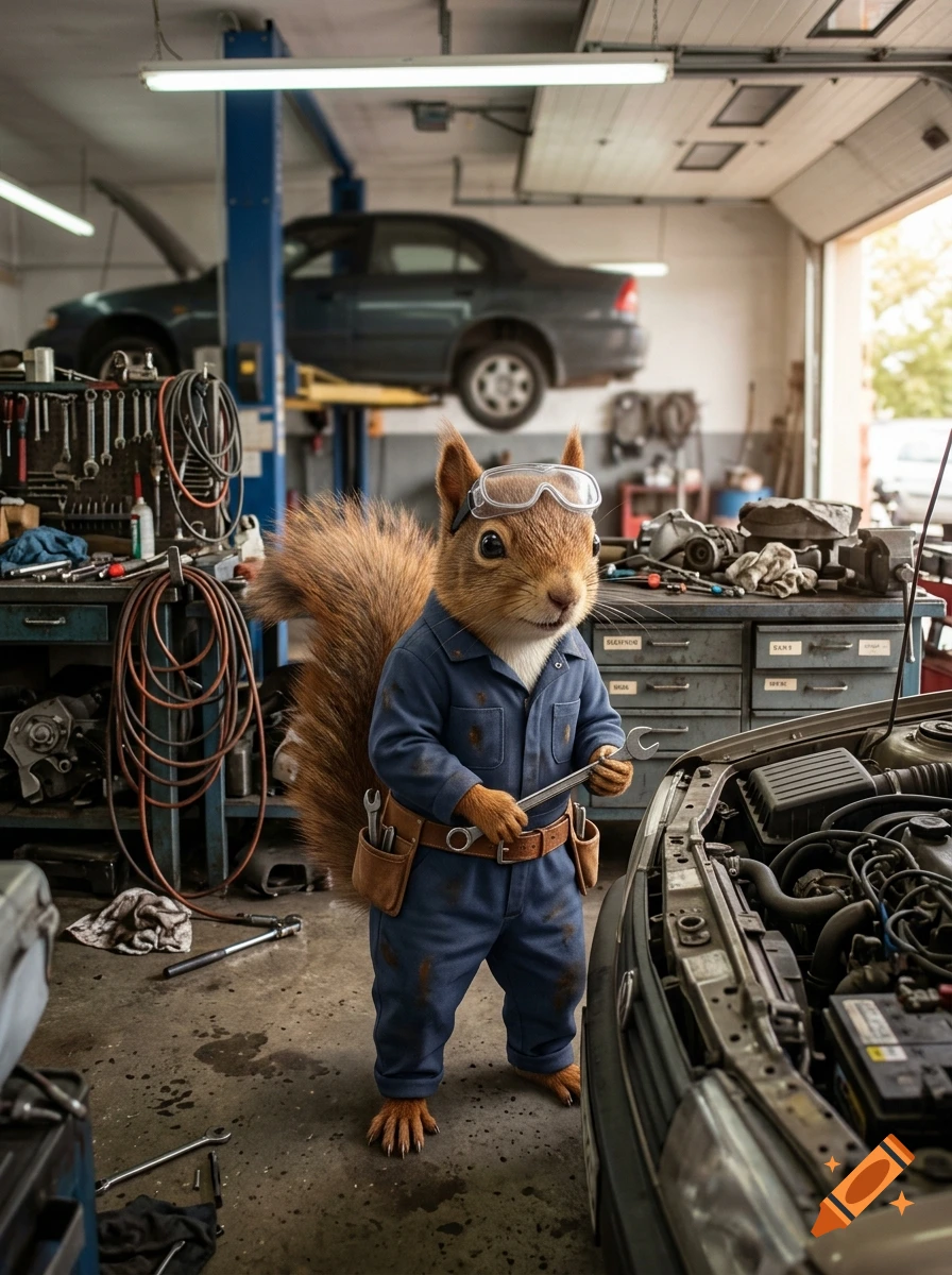 Photorealistic image of an anthropomorphic red squirrel wearing a blue jumpsuit and safety goggles, holding a wrench inside a car repair garage.
