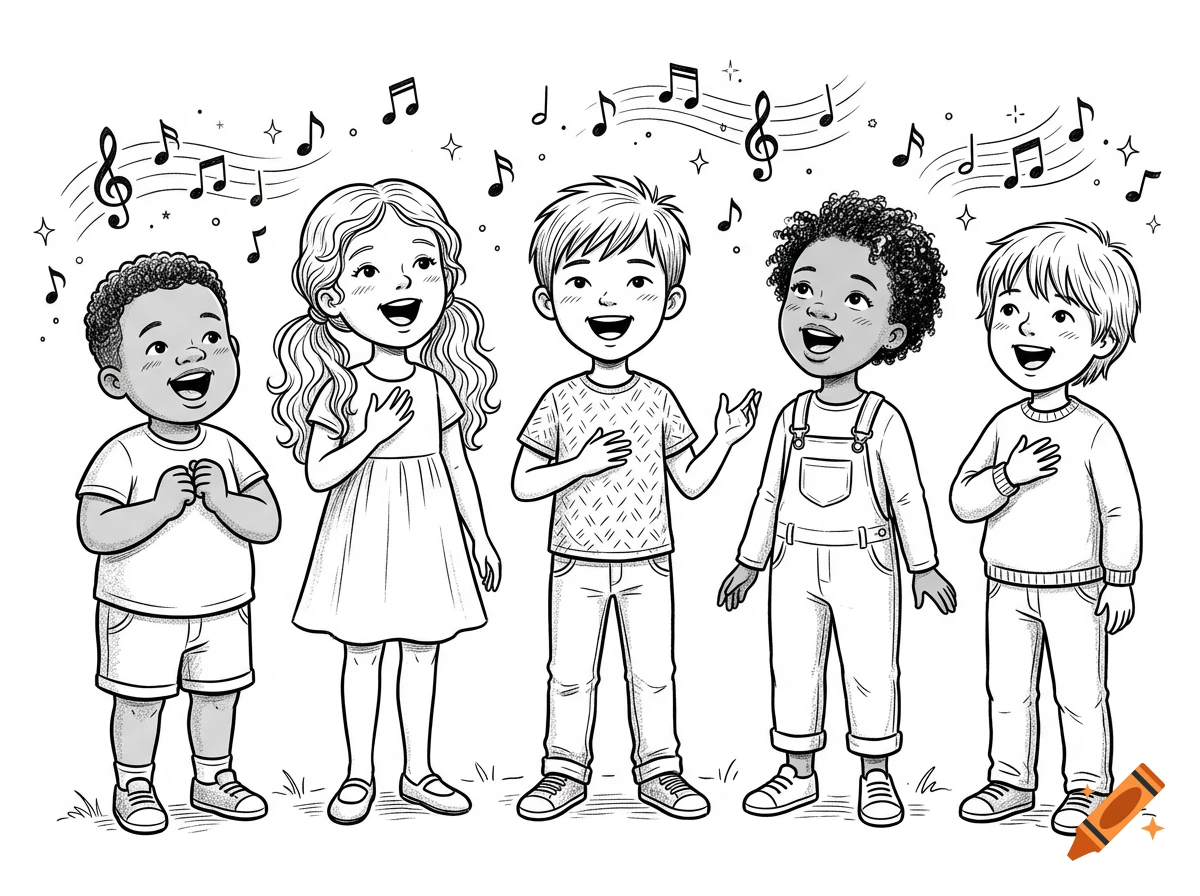 Black and white line art of five diverse children singing together with musical notes floating above them.
