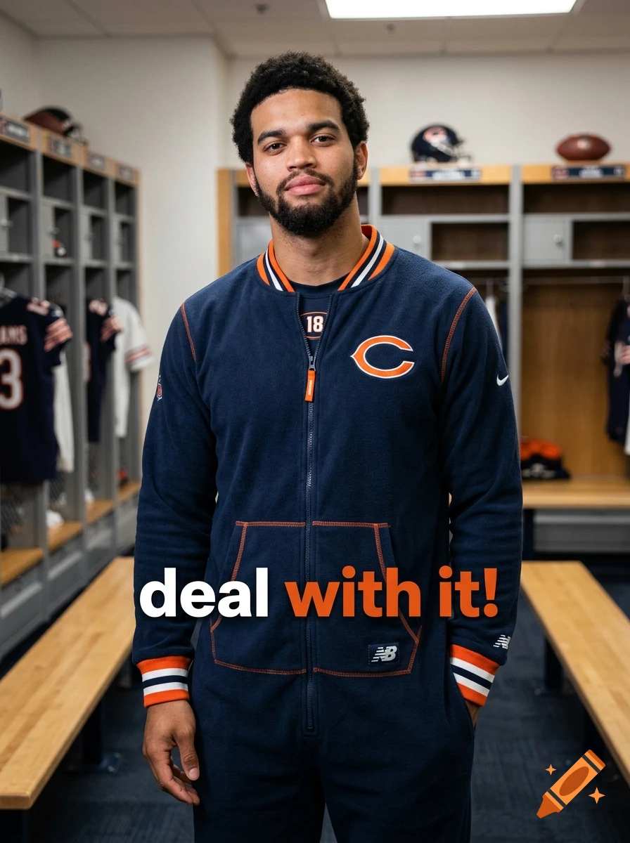 A man wearing a navy blue sports jumpsuit stands in a locker room with text overlaid at the bottom.
