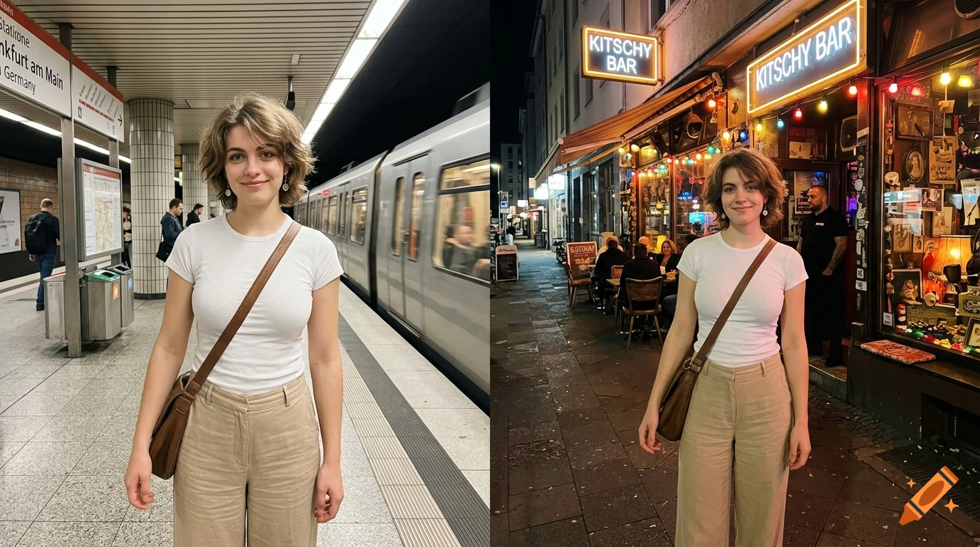 Split-screen photorealistic images of a young woman with short brown hair standing at a subway station and outside a bar at night.