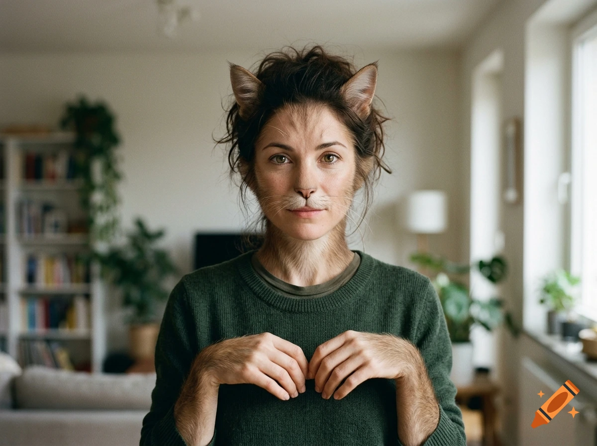 Photorealistic portrait of a human-cat hybrid woman with cat ears and fur on her face and hands, wearing a green sweater in a living room.