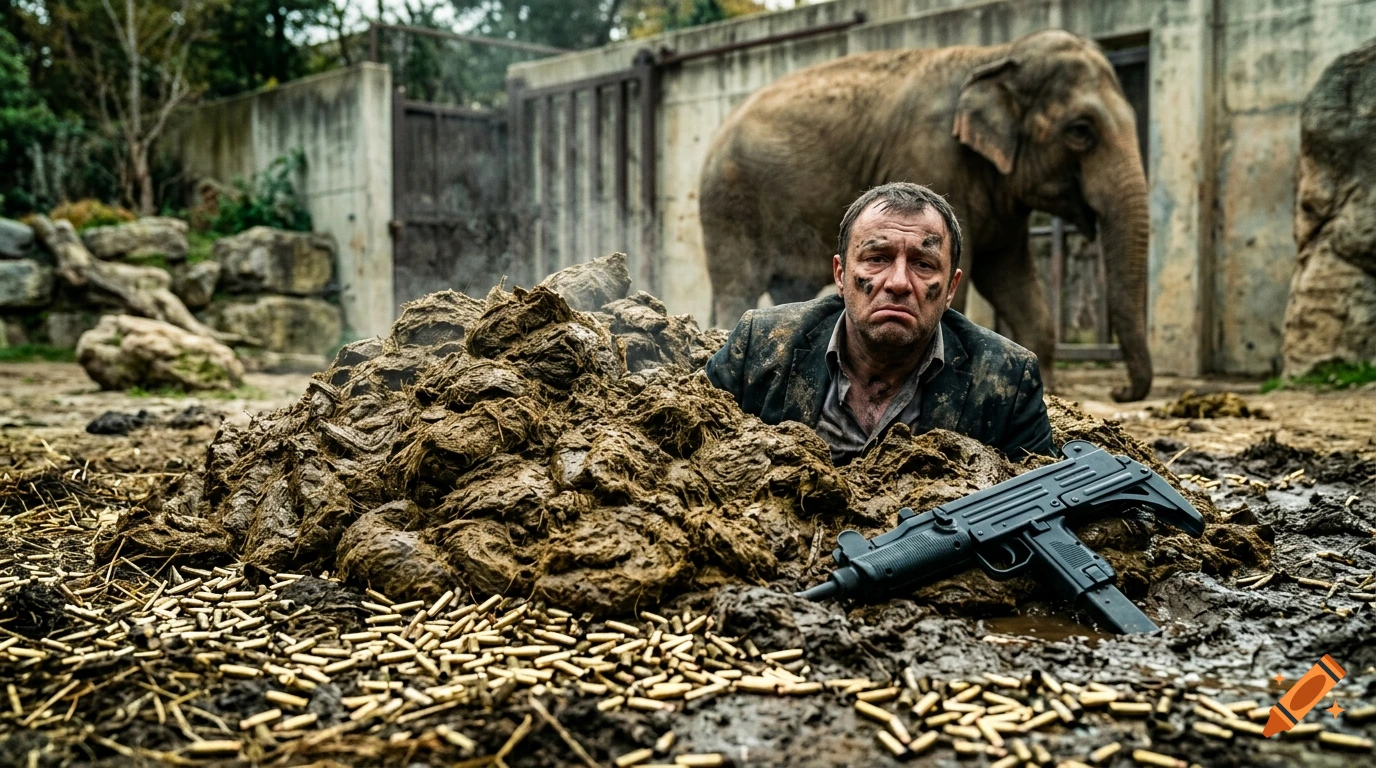 Cinematic film still of a defeated man buried up to his chest in a giant pile of elephant dung next to an Uzi submachine gun.