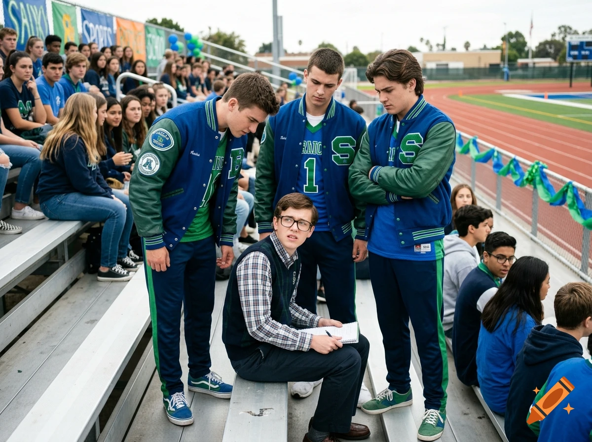 Photorealistic scene of three varsity-jacketed students standing over a seated nerd in glasses on bleachers at a school track.