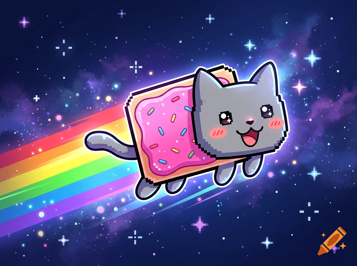 Digital illustration of a grey cat with a pink pop tart body trailing a rainbow in outer space.