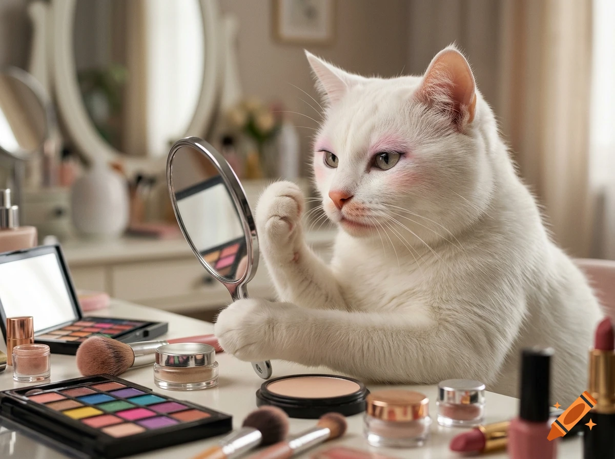 Photorealistic image of a white cat looking in a hand mirror and applying makeup at a vanity table with cosmetics.