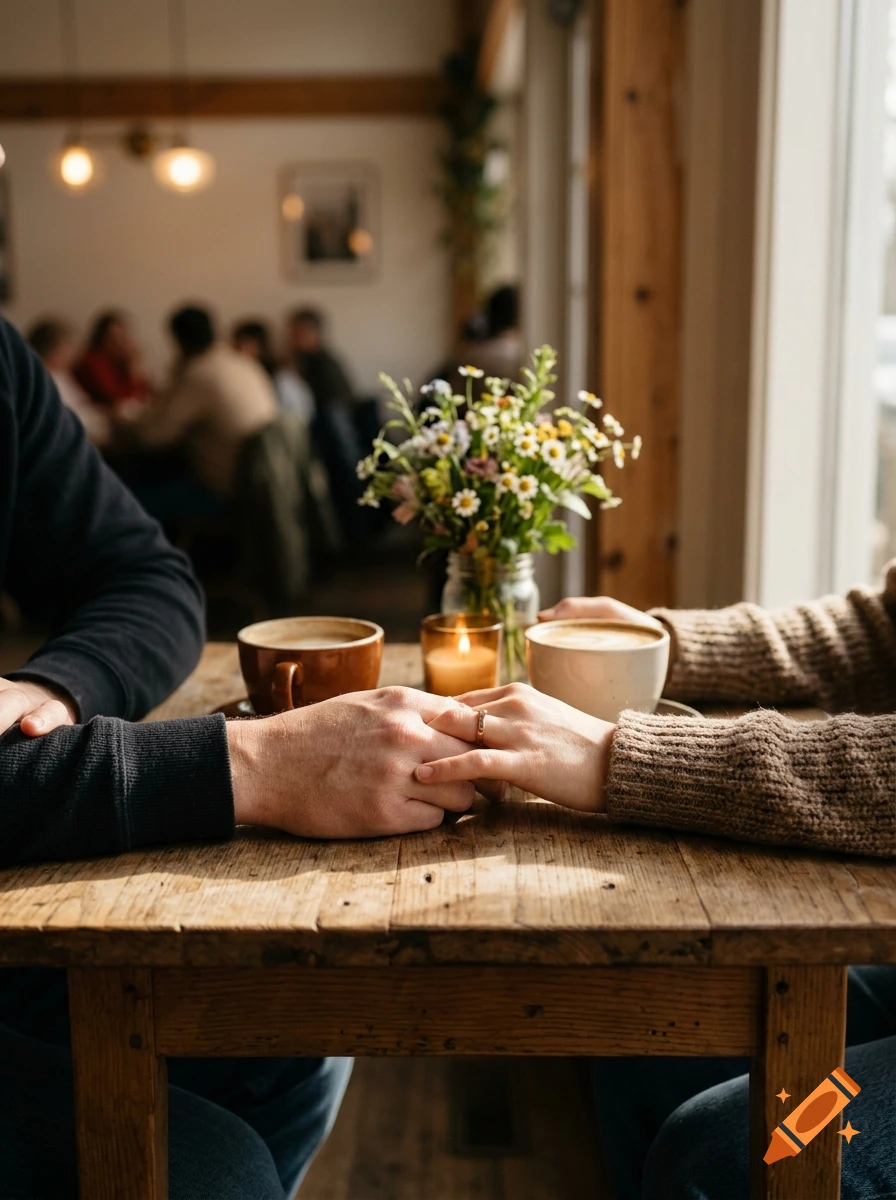 Close-up of a couple holding hands across a wooden cafe table with coffee cups and wildflowers, photorealistic.
