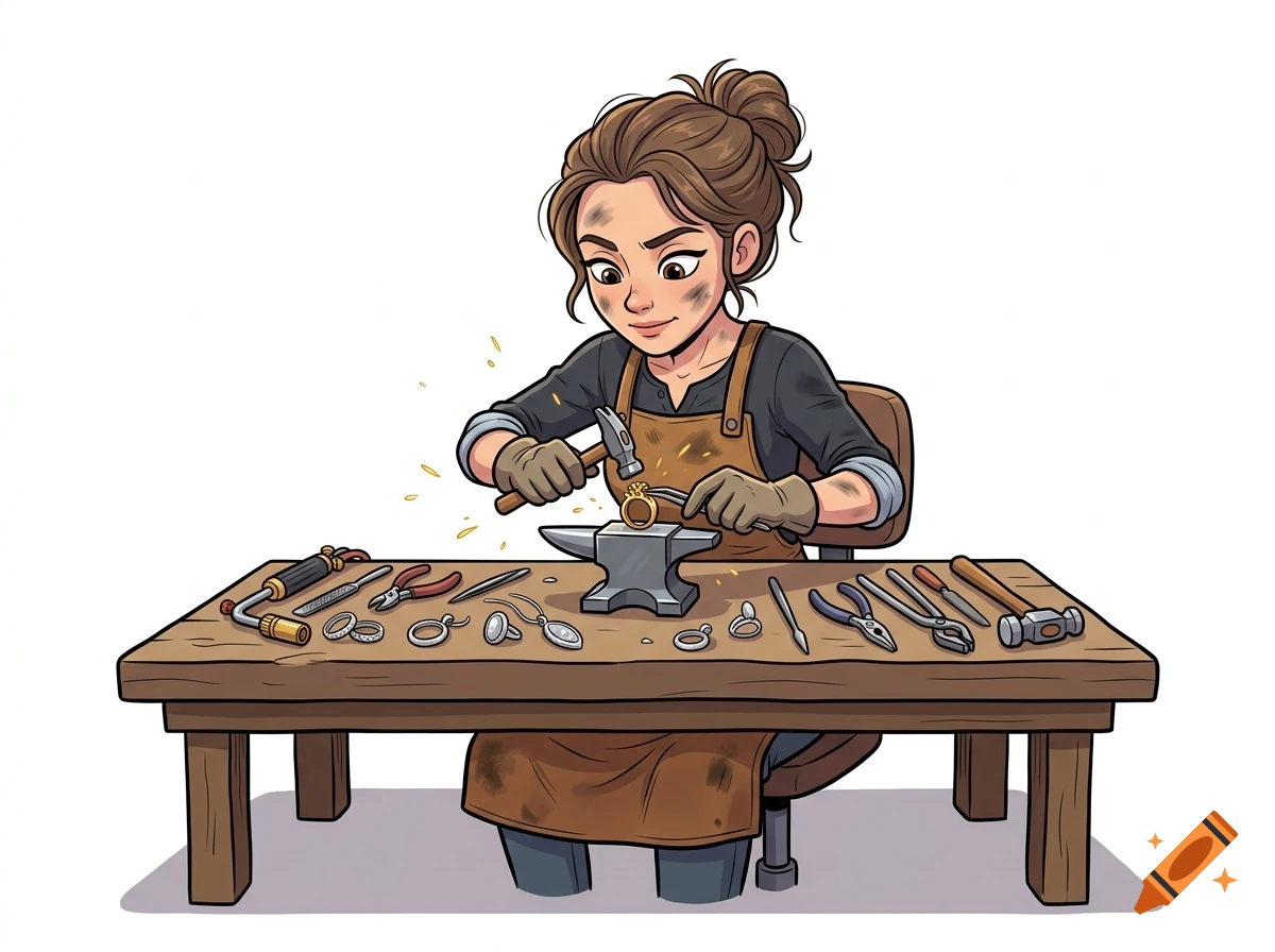 Illustration of a woman working at a workbench as a jeweler, using a hammer and pliers on a ring over an anvil.