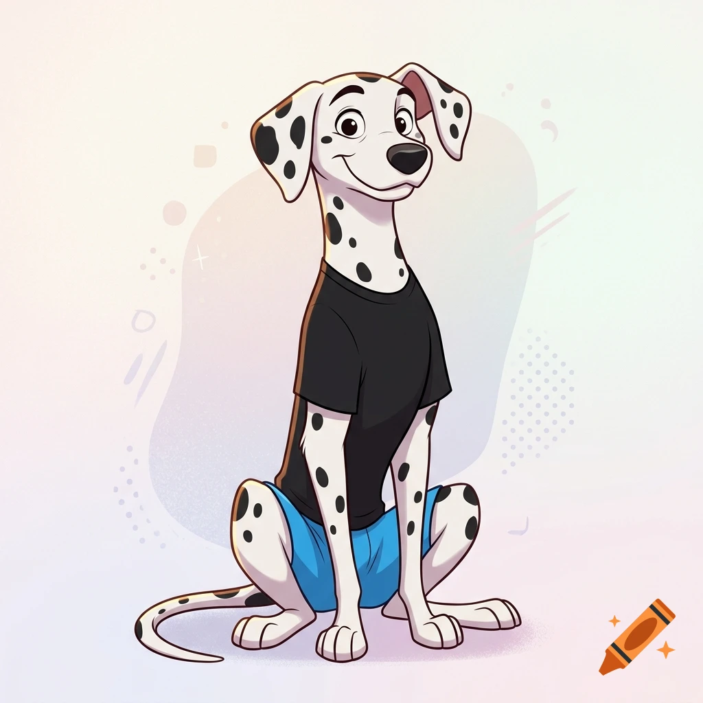 2D cartoon illustration of a smiling Dalmatian dog with a long body wearing a black t-shirt and blue shorts, sitting against a pastel background.