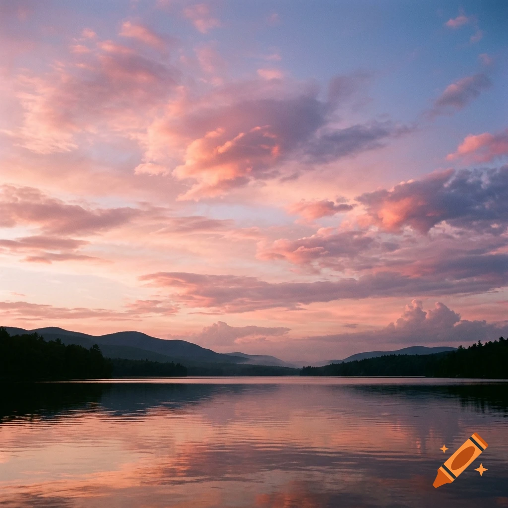 A serene lake at dusk reflecting a vibrant sky filled with pink and purple clouds, bordered by distant dark mountains and silhouetted tree lines.