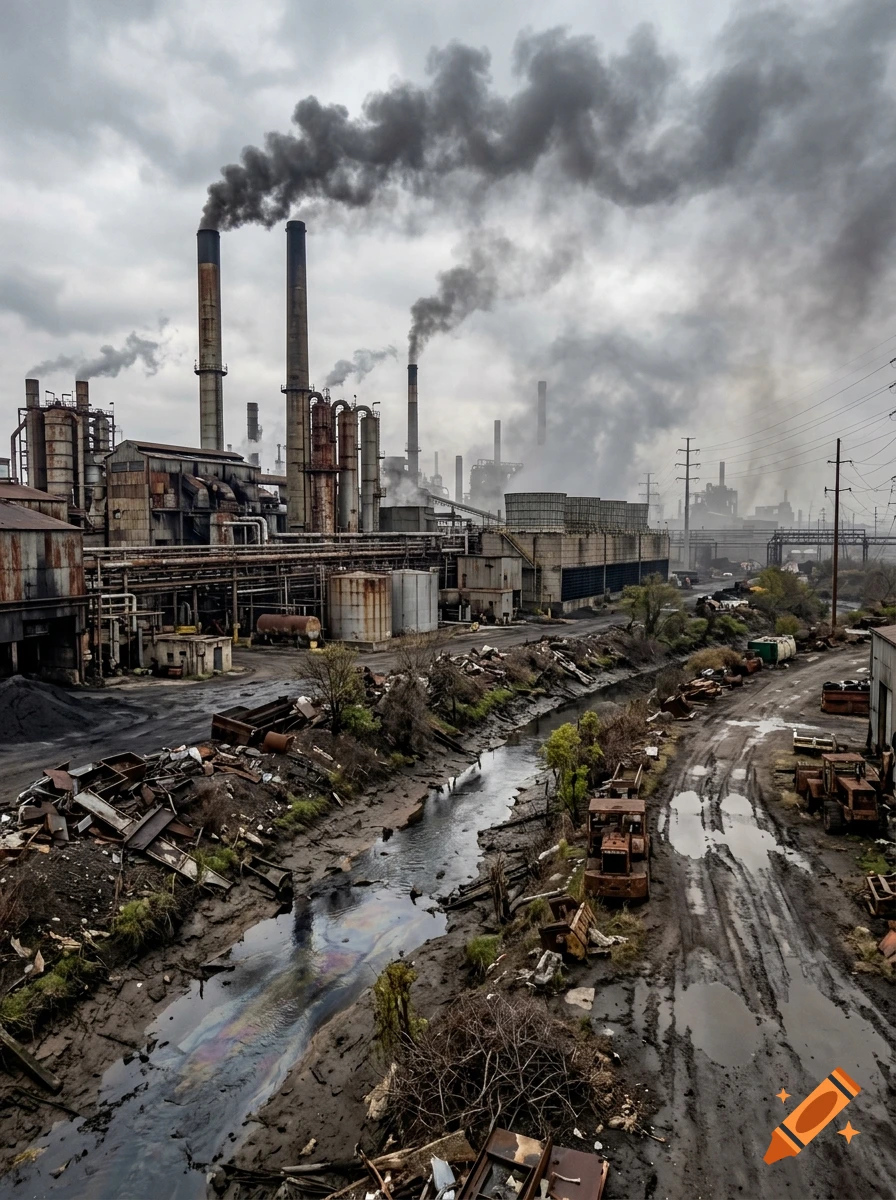Photorealistic image of a heavily polluted industrial site with smoking chimneys, rusted machinery, and a contaminated river.