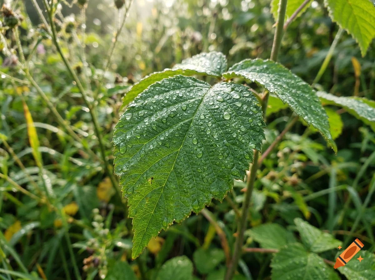 Close-up of a green blackberry leaf covered in morning dew drops, with a blurred natural background.
