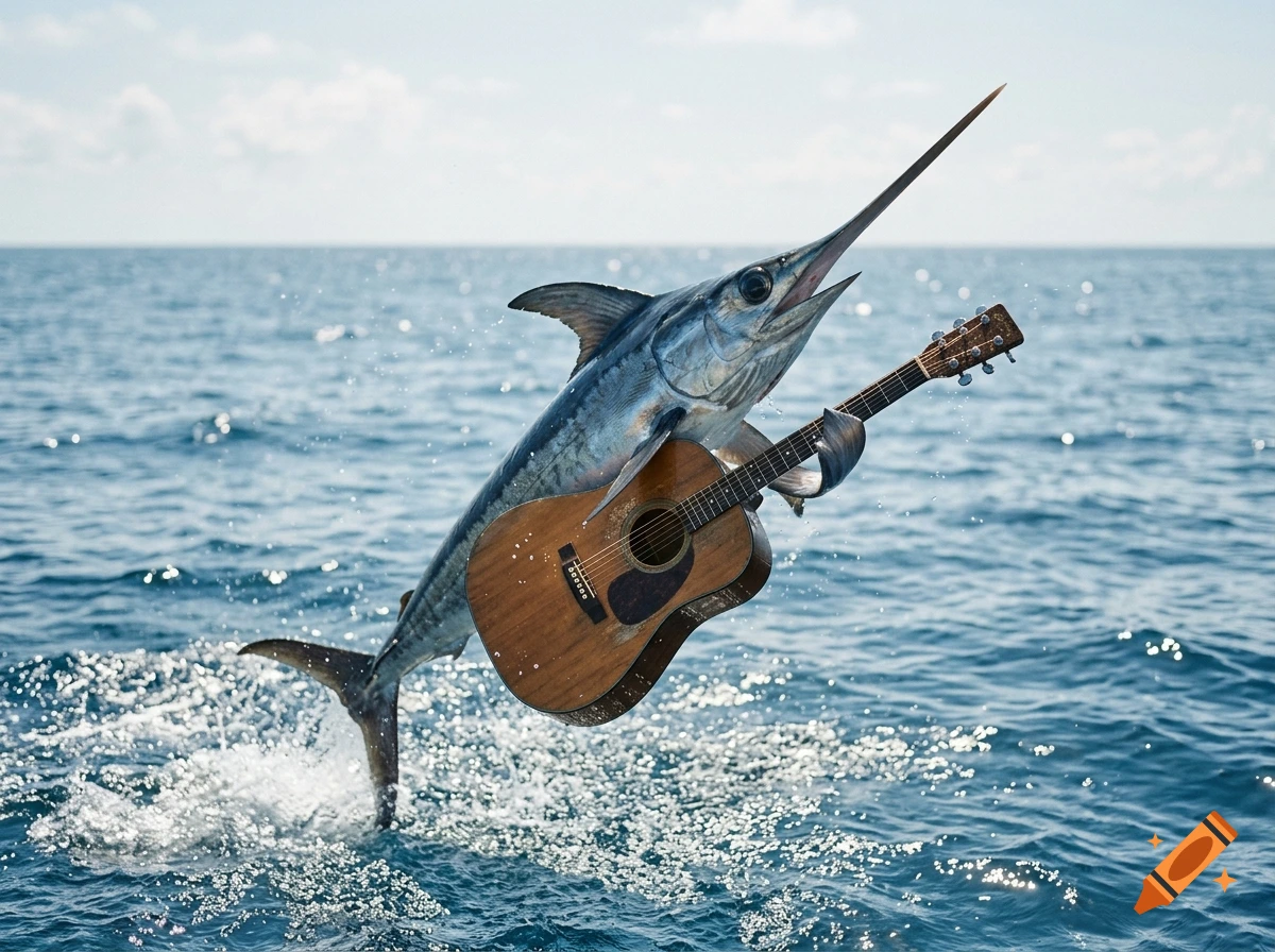 Photorealistic image of a swordfish jumping out of the ocean while playing an acoustic guitar.