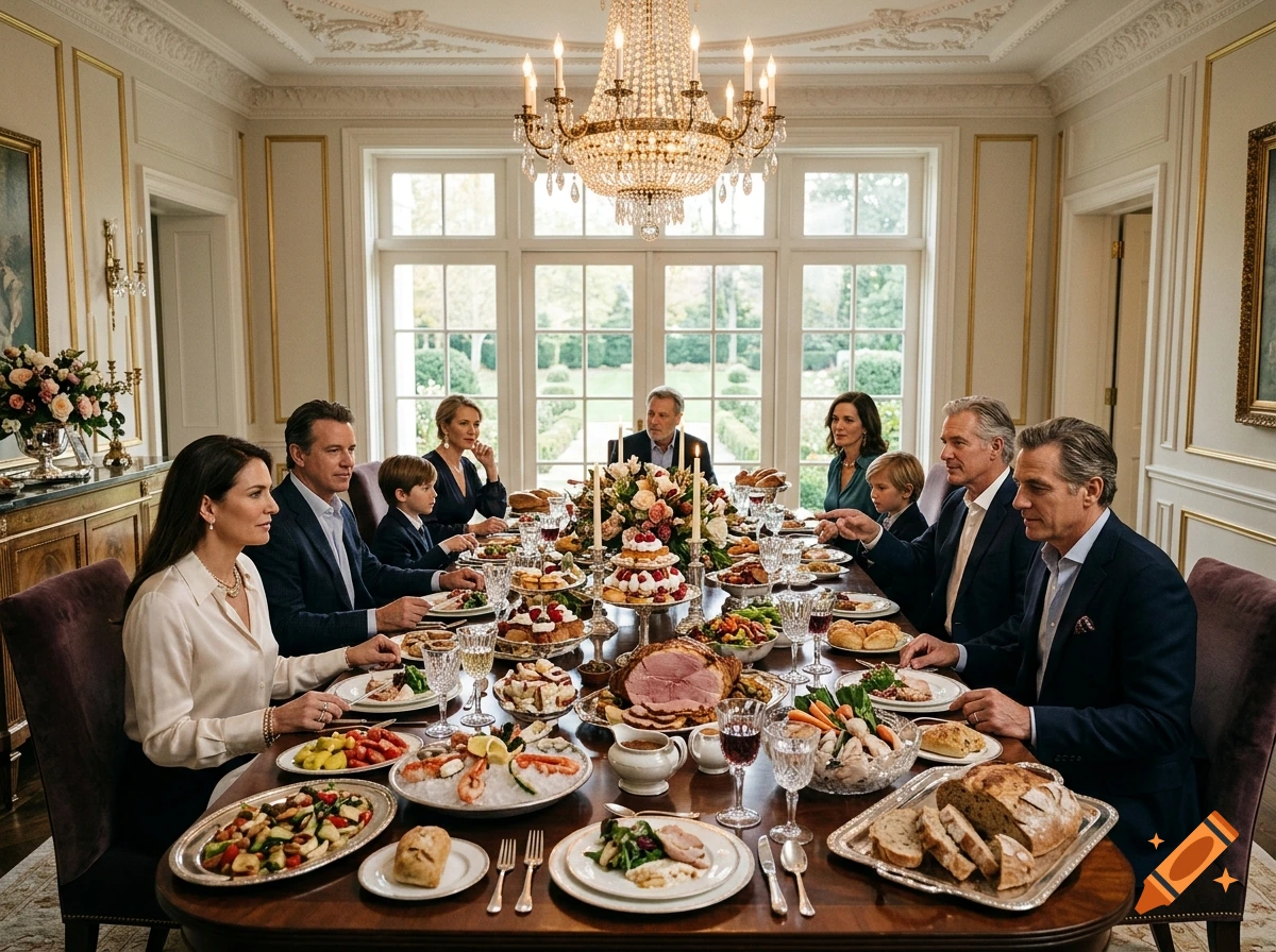 A large family gathers around a long, elegantly set dining table laden with food in a formal dining room illuminated by a crystal chandelier.
