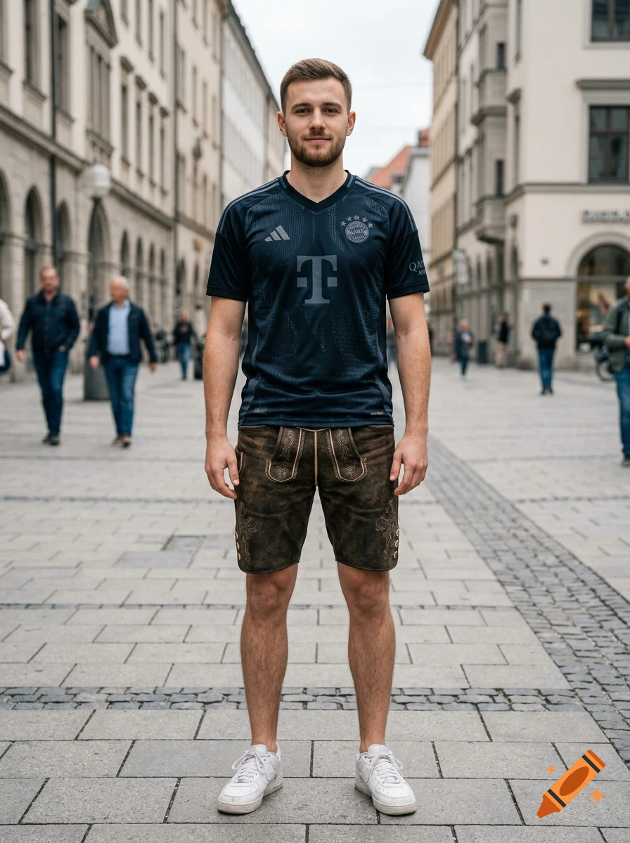 A young man standing in a city street, wearing a dark athletic t-shirt, brown leather shorts, and white sneakers, with blurred pedestrians in the background.