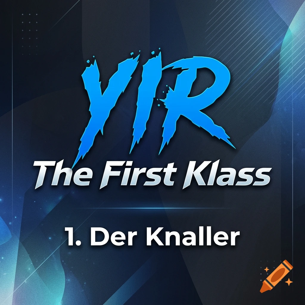 Graphic design with blue stylized text reading YIR, The First Klass, and 1. Der Knaller on a dark blue background.