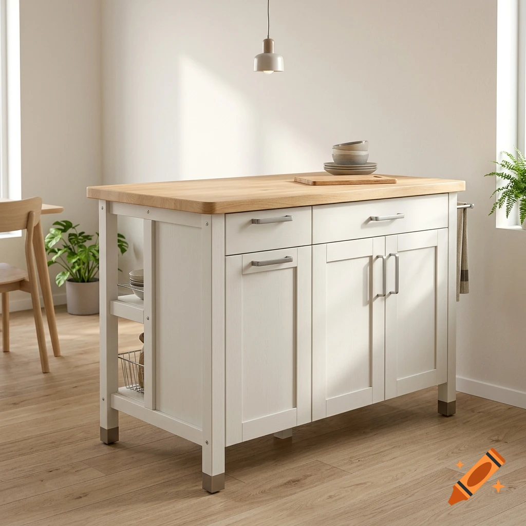 A white kitchen island with a light wooden countertop stands on a wooden floor in a brightly lit room.