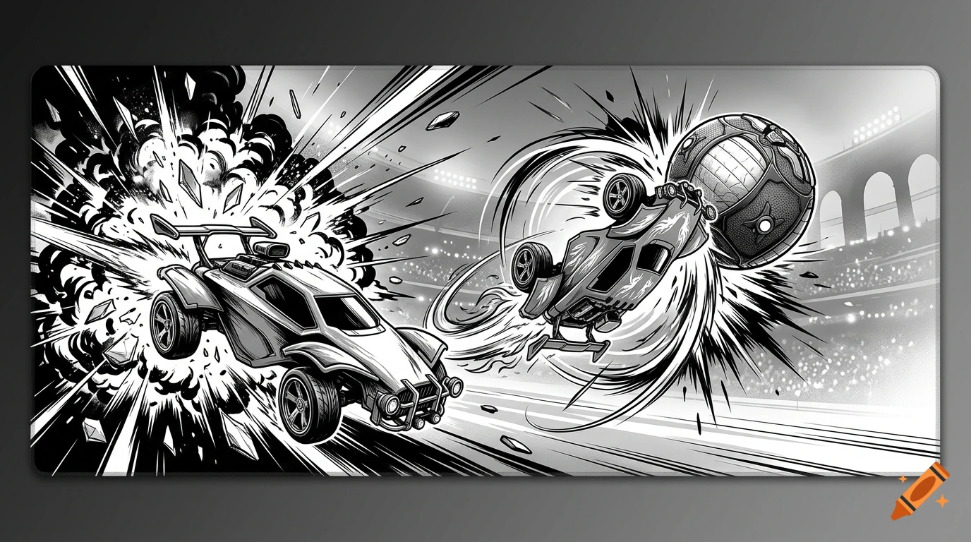 Black and white comic book style illustration of Rocket League cars playing soccer with an explosion and action lines.