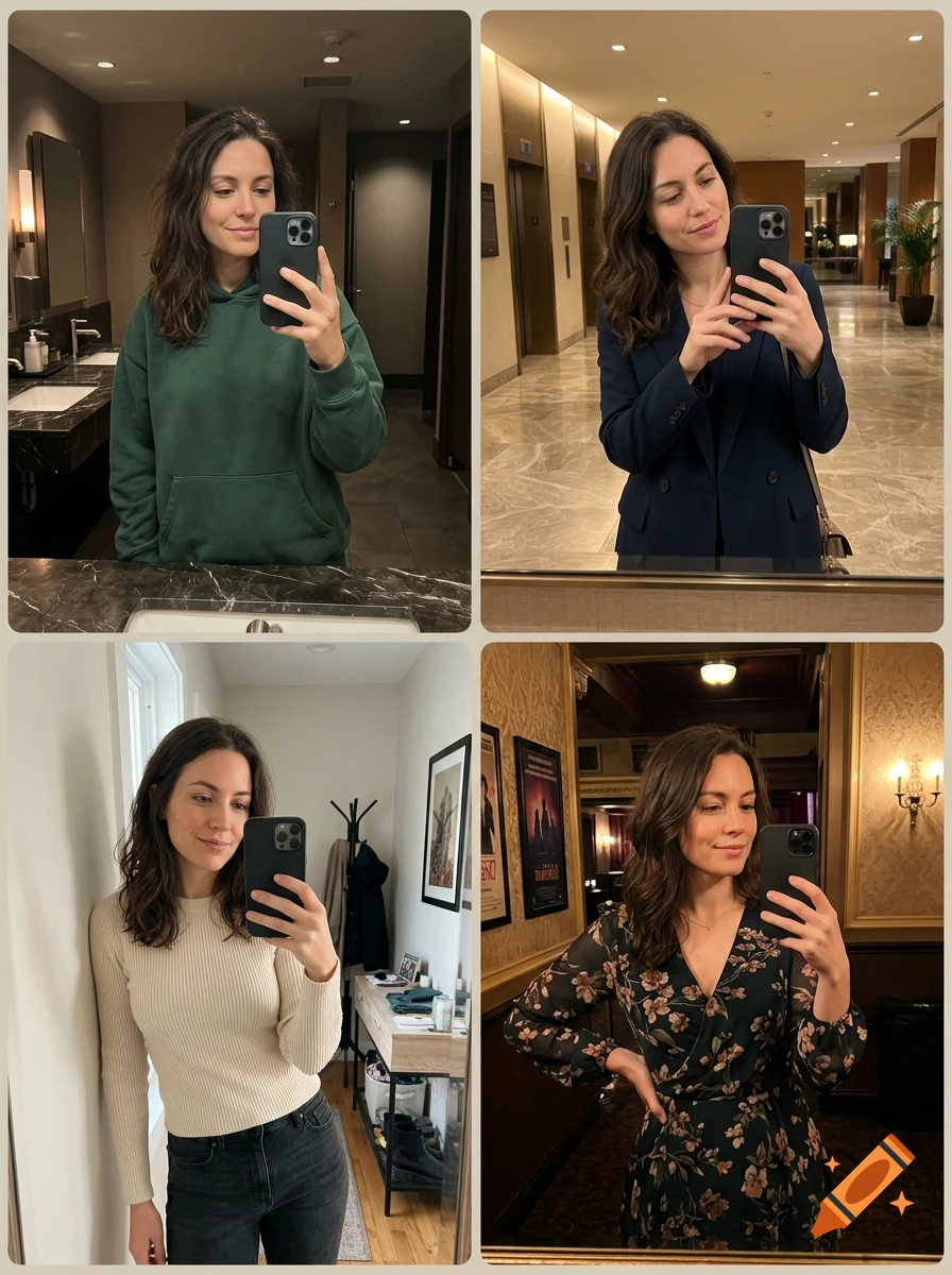 A collage of four photorealistic mirror selfies of a young woman with dark hair in different outfits and locations.