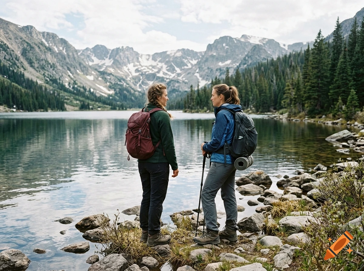 Two women hikers with backpacks standing by a mountain lake, photorealistic.