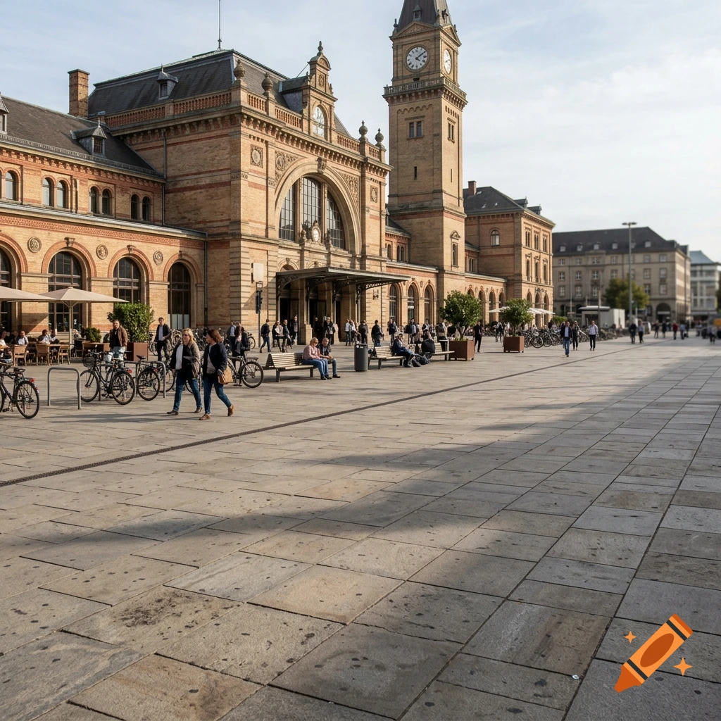 A wide exterior shot of a large historic brick train station with a tall clock tower, situated next to a wide paved plaza with pedestrians walking and bicycles parked.