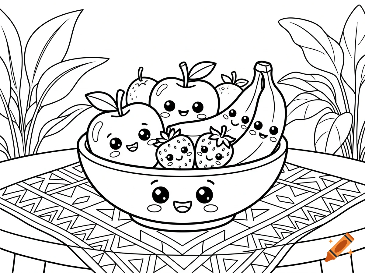 Black and white coloring page of a cute fruit bowl with smiling kawaii faces, surrounded by potted plants.