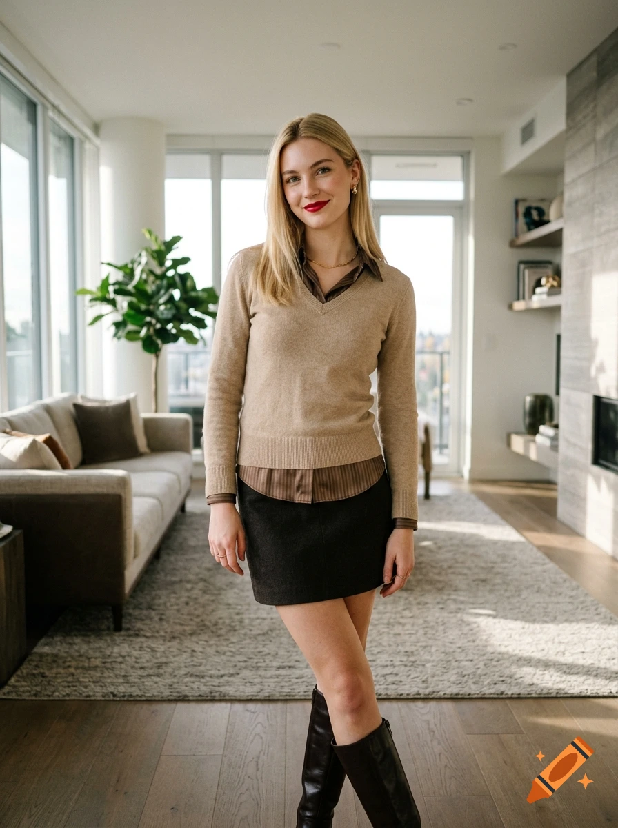 Photorealistic full-body portrait of a young blonde woman in a beige sweater, dark skirt, and boots inside a luxurious apartment.