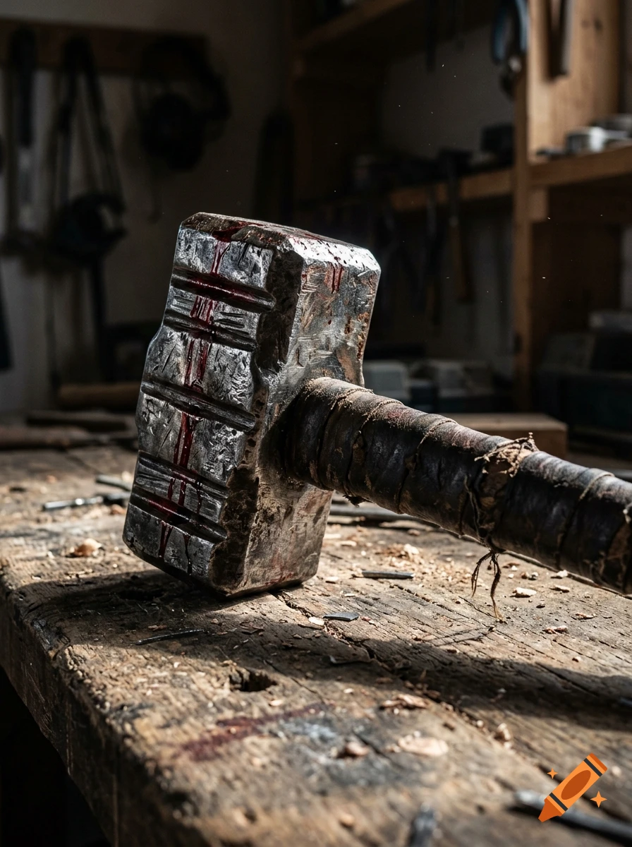 Photorealistic close-up of a heavy, metal warhammer with blood channels resting on a wooden workbench.