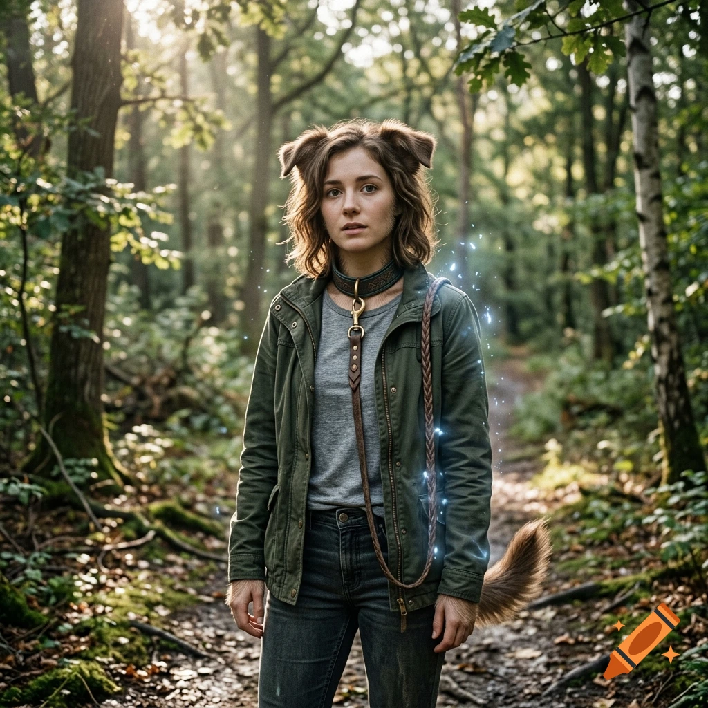 Photorealistic portrait of a young person with dog ears, a collar, and a tail, standing on a forest path.