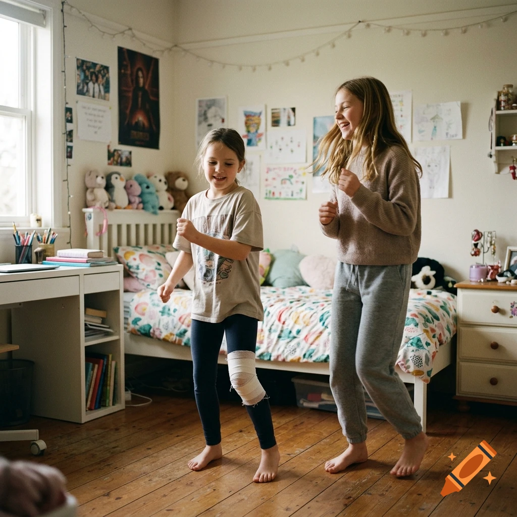 Photorealistic image of two young girls dancing in a bedroom, one with a bandage on her knee.
