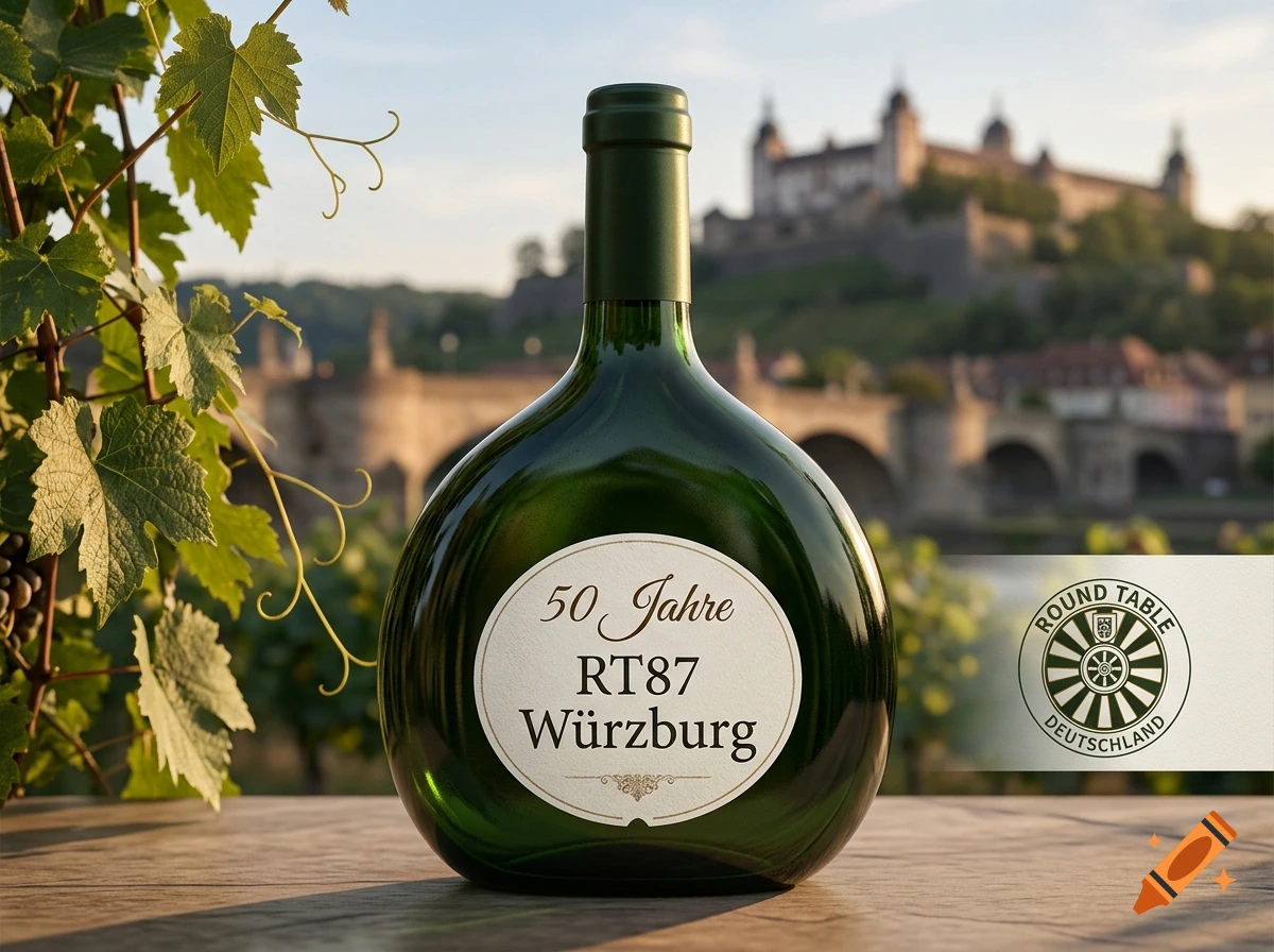 A green Bocksbeutel wine bottle with the label '50 Jahre RT87 Würzburg' standing on a wooden table, with vineyards and a castle in the background.