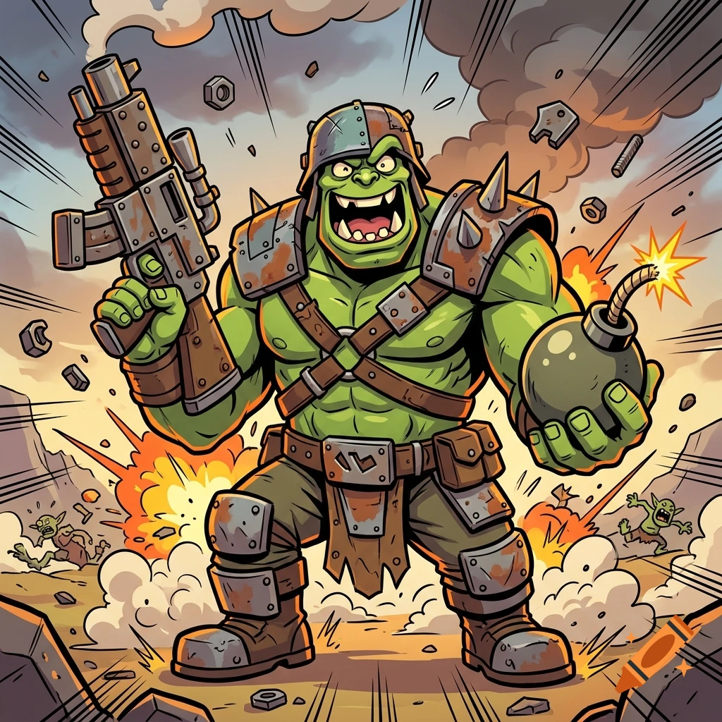 Comic style illustration of a smiling green ork holding a rifle and a bomb amidst explosions.