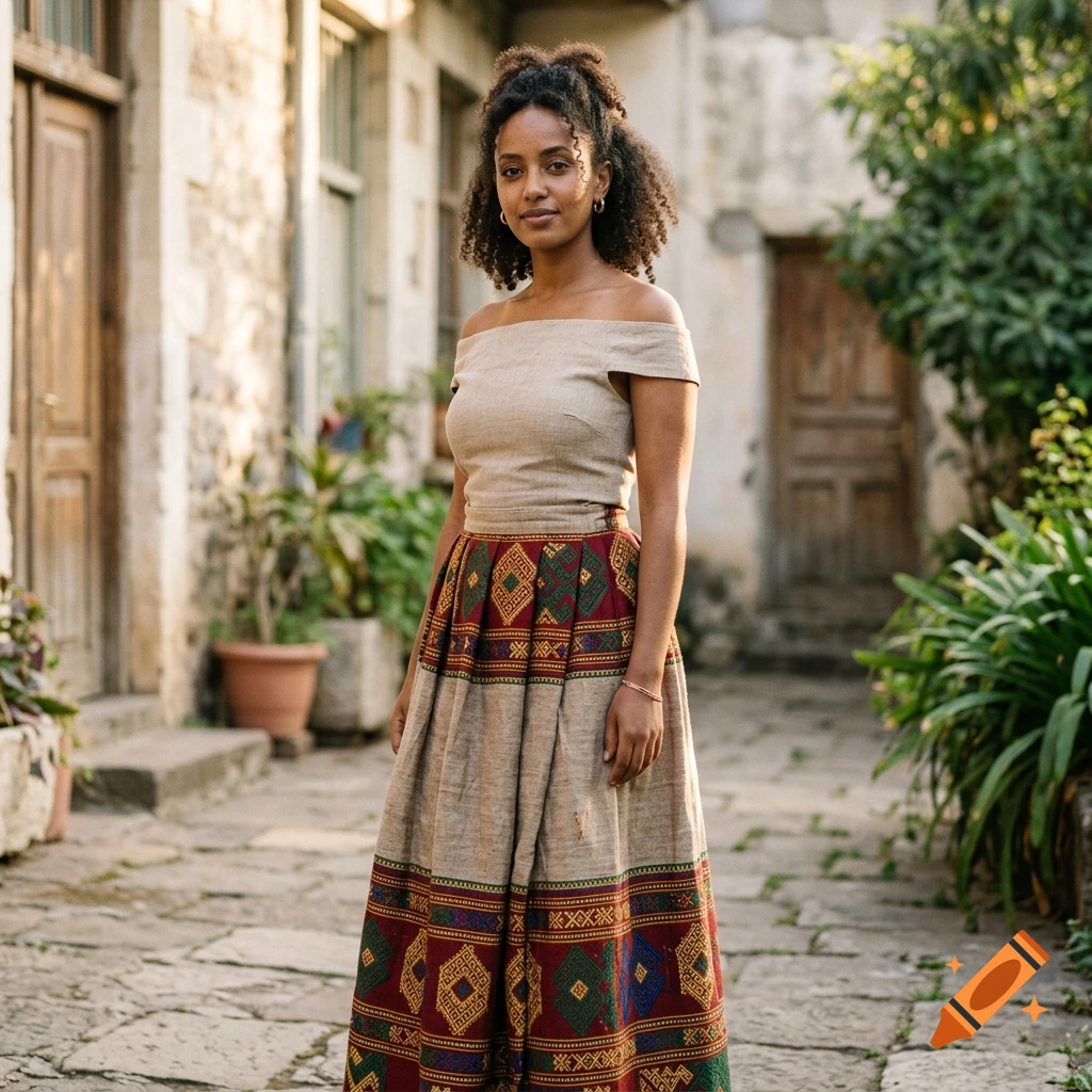 Photorealistic image of a woman standing in a courtyard wearing an off-shoulder top and a patterned Ethiopian skirt.