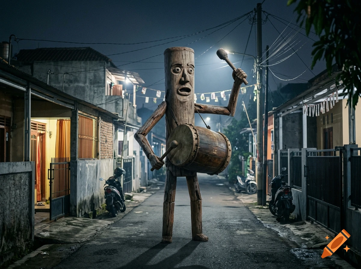 A wooden humanoid figure holding a drum stands in the middle of a narrow street at night, photorealistic.