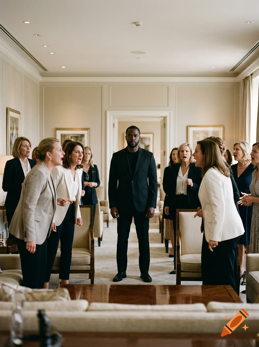 A lone Black man in a black suit standing in a room while well-dressed white women surround and yell at him, photorealistic.