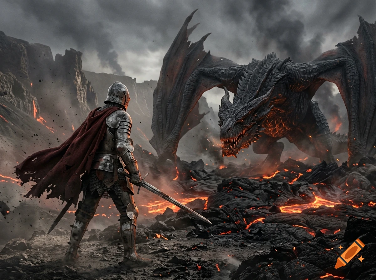A medieval knight in full armor facing a massive black dragon in a volcanic valley.