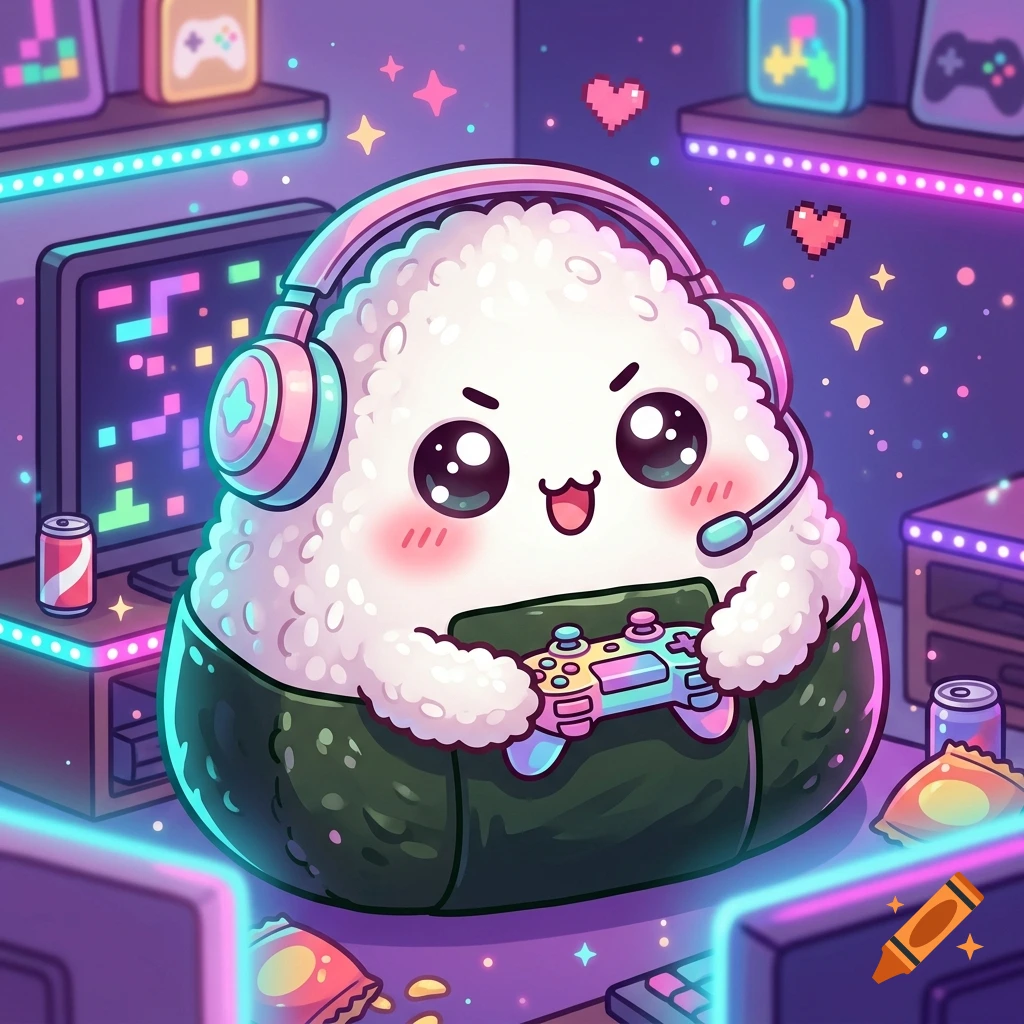 A cute kawaii onigiri rice ball wearing headphones and playing with a game controller in a neon-lit gaming room, anime style.