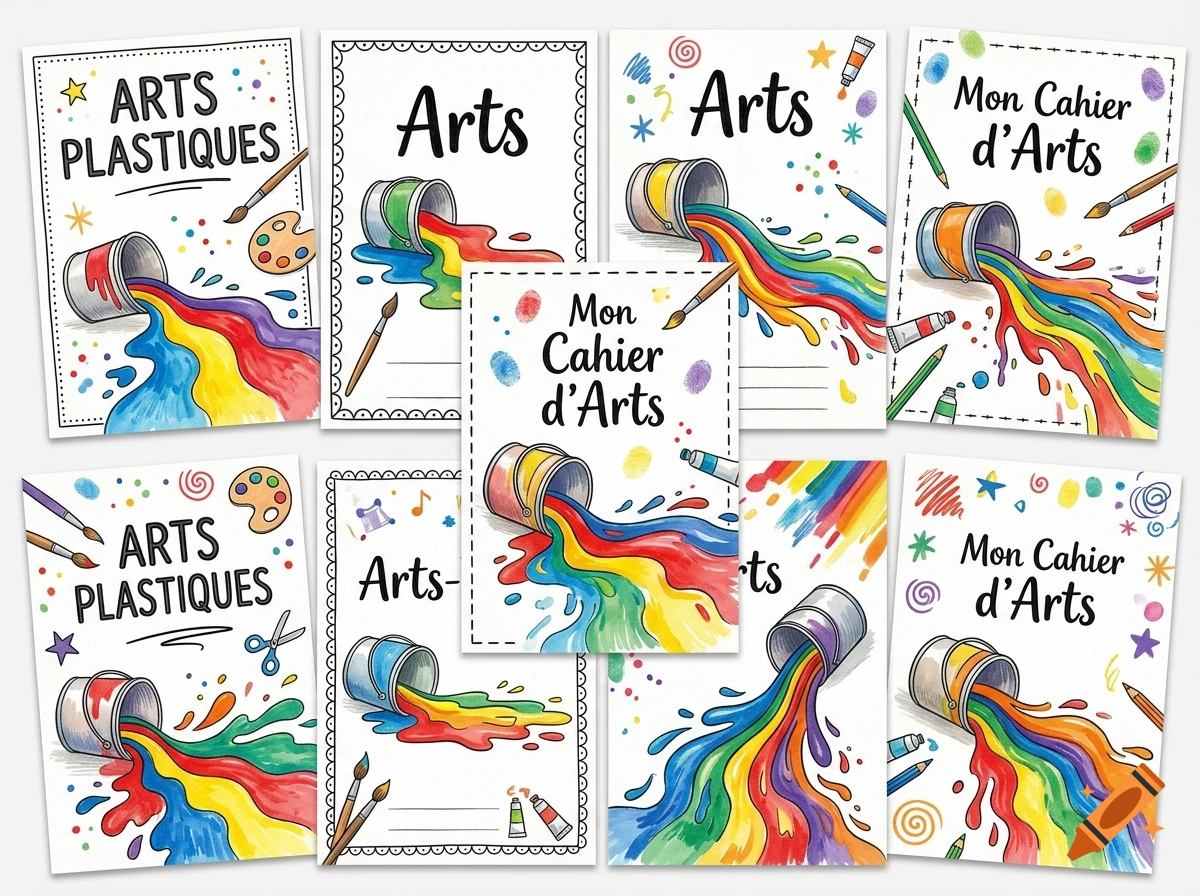 Multiple notebook cover designs for plastic arts featuring paint buckets spilling vibrant rainbows.