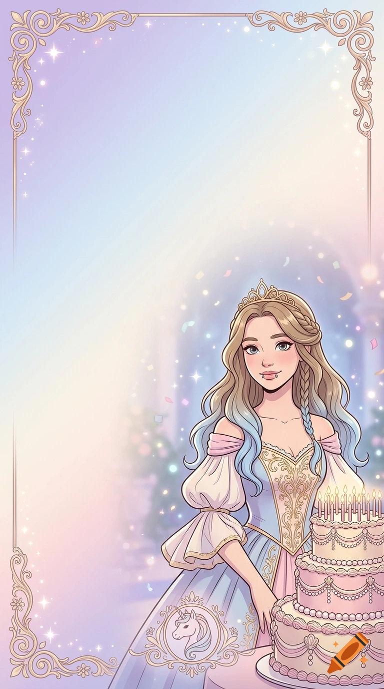 Digital illustration of a smiling princess with a birthday cake and unicorn crest, with pastel gradient background and ornate frame.