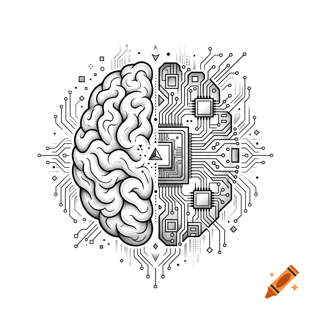 Black and white stippling illustration of a human brain with one half organic and the other half made of circuit boards and microchips.