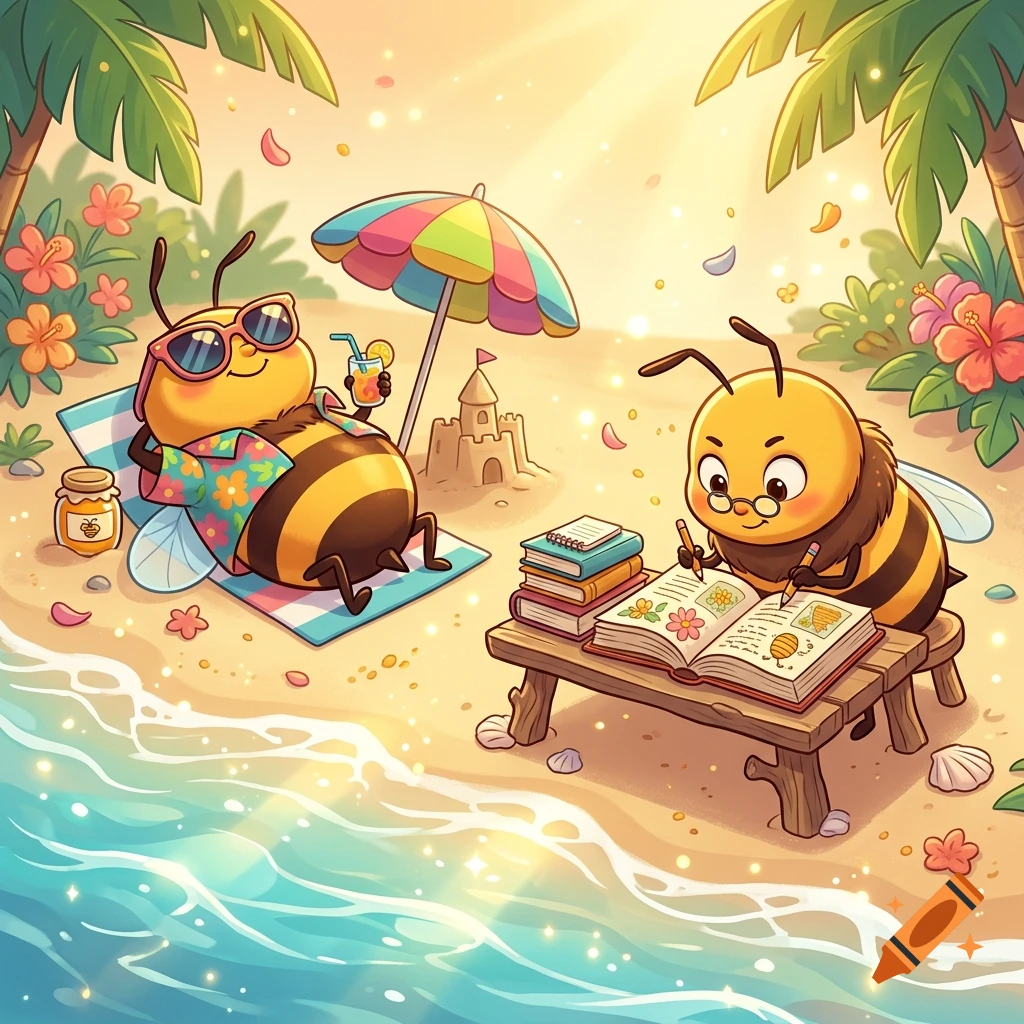 A cartoon illustration shows two anthropomorphic bees enjoying a sunny day at the beach, with one relaxing under a colorful umbrella with a drink and the other studying and writing at a small wooden desk.