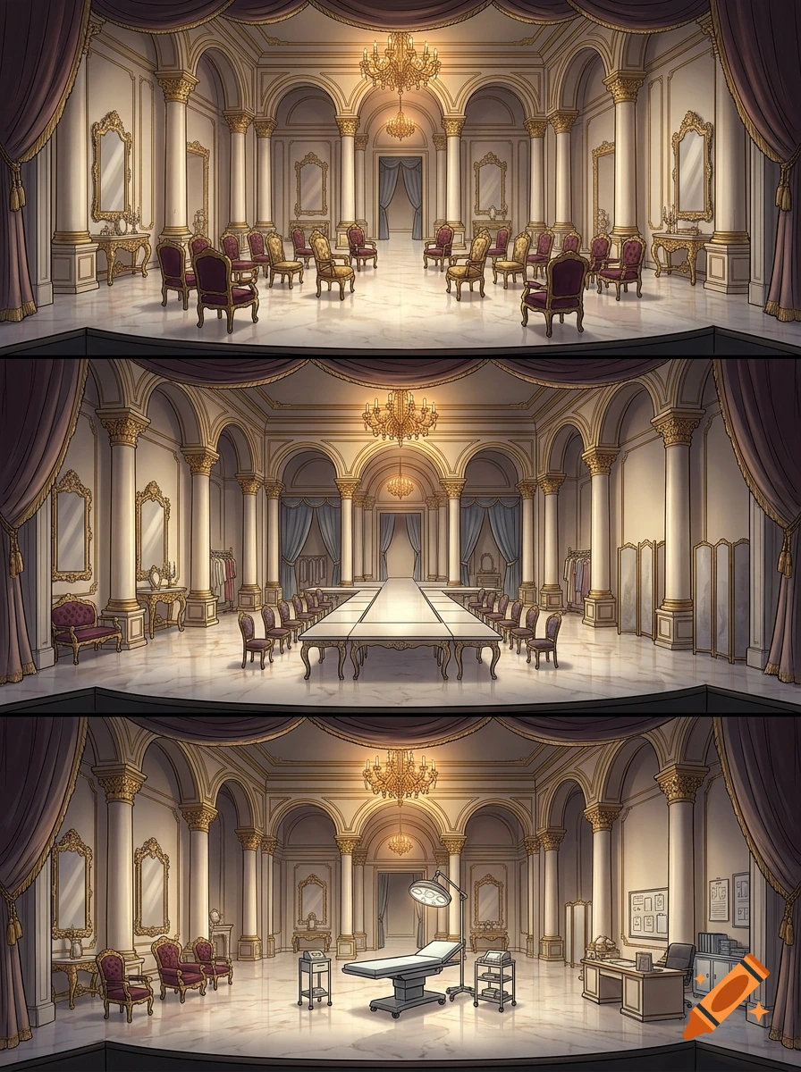 An illustration showing three stacked cross-section views of an ornate grand hall with marble floors, columns, chandeliers, and changing room or medical layouts.