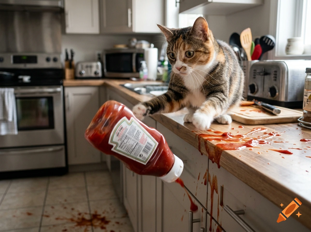 A calico cat on a kitchen counter watches a falling bottle of ketchup spilling onto the floor.