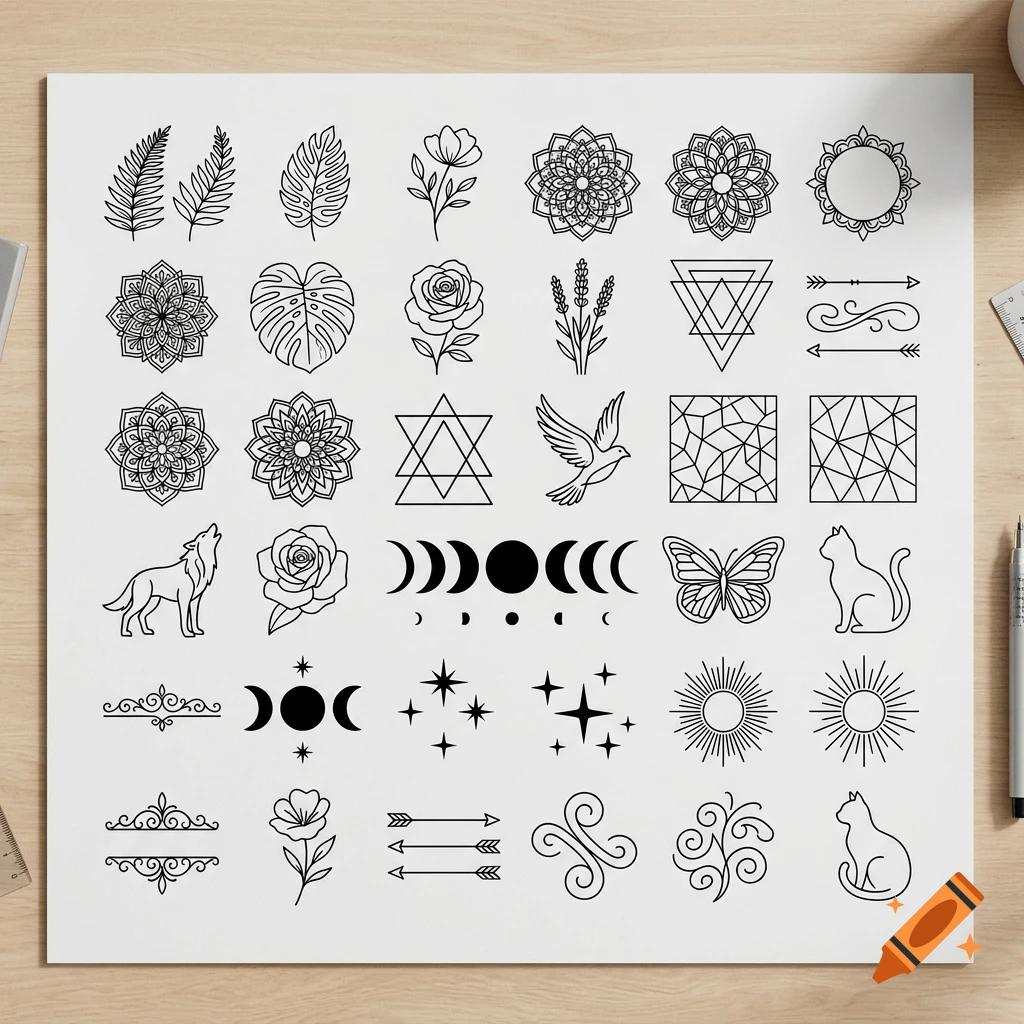 A sheet of black and white line art vector designs including mandalas, flowers, moons, and animals on paper.
