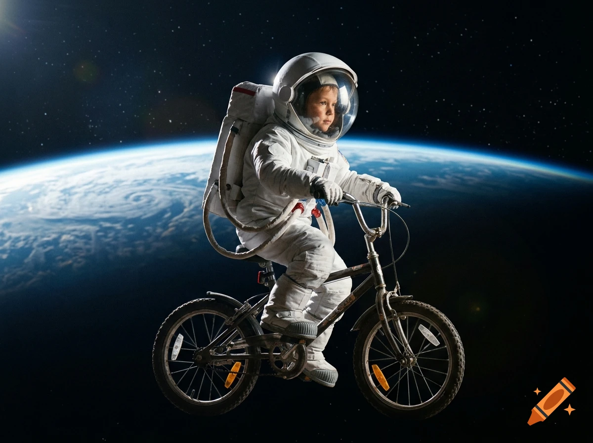 Photorealistic image of a young child in a spacesuit riding a bicycle against the backdrop of planet Earth and starry space.