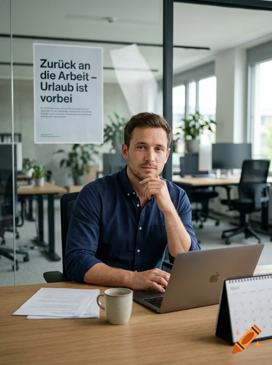 Photorealistic image of a man sitting at an office desk in front of a laptop with a poster on the glass wall behind him.