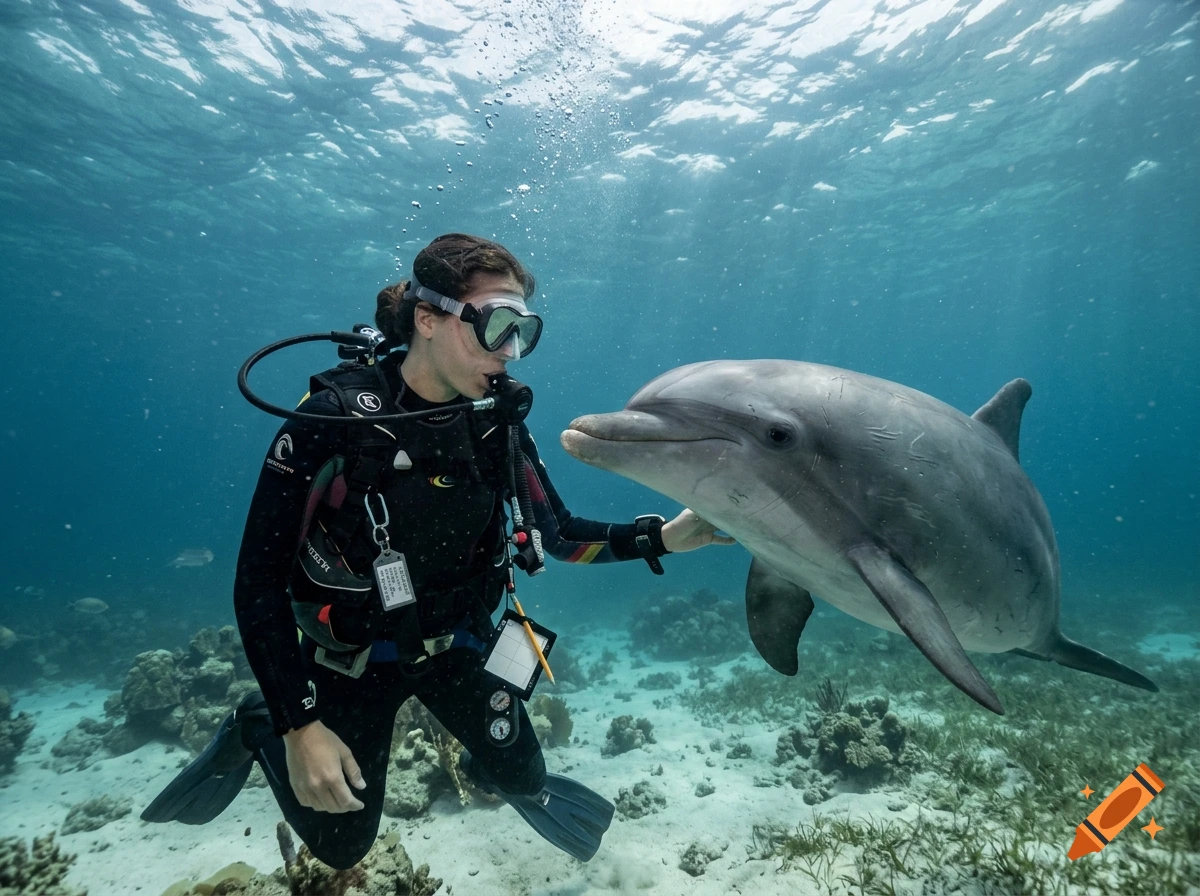 Photorealistic underwater shot of a female scuba diver interacting with a bottlenose dolphin.